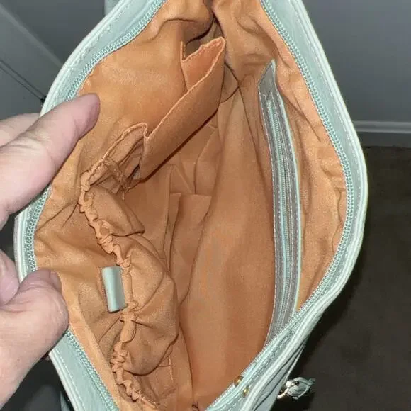 Stone Mountain Light Green Shoulder Bag Gold Hardware Orange Lining Studded - Picture 3 of 7